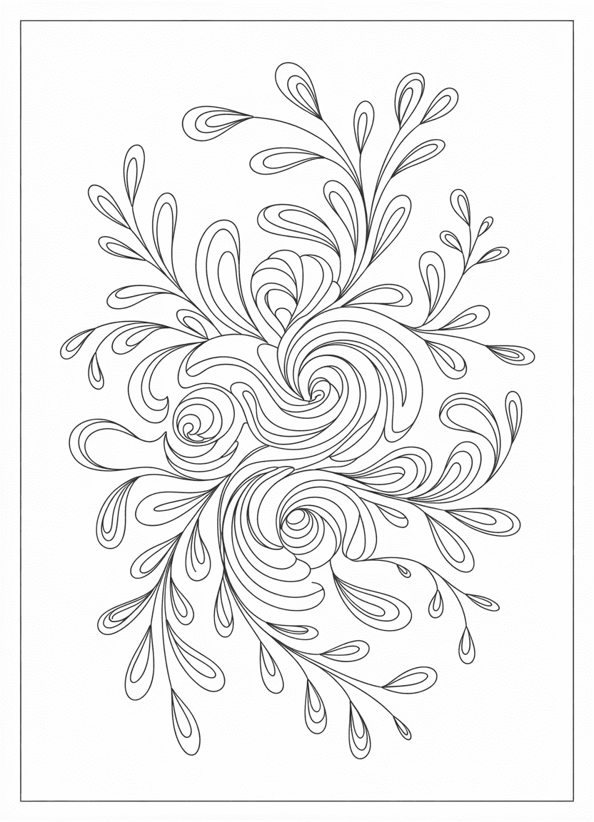 Abstract rose coloring page with swirling patterns and petal motifs