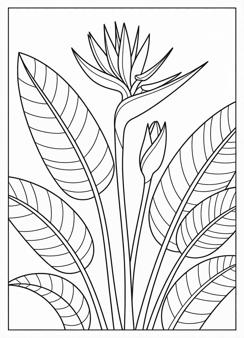 Bird of Paradise flower coloring page with tropical leaves