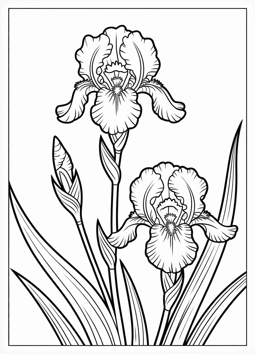 Black-and-white botanical line drawing of an iris plant with open blooms, buds, and long strappy leaves