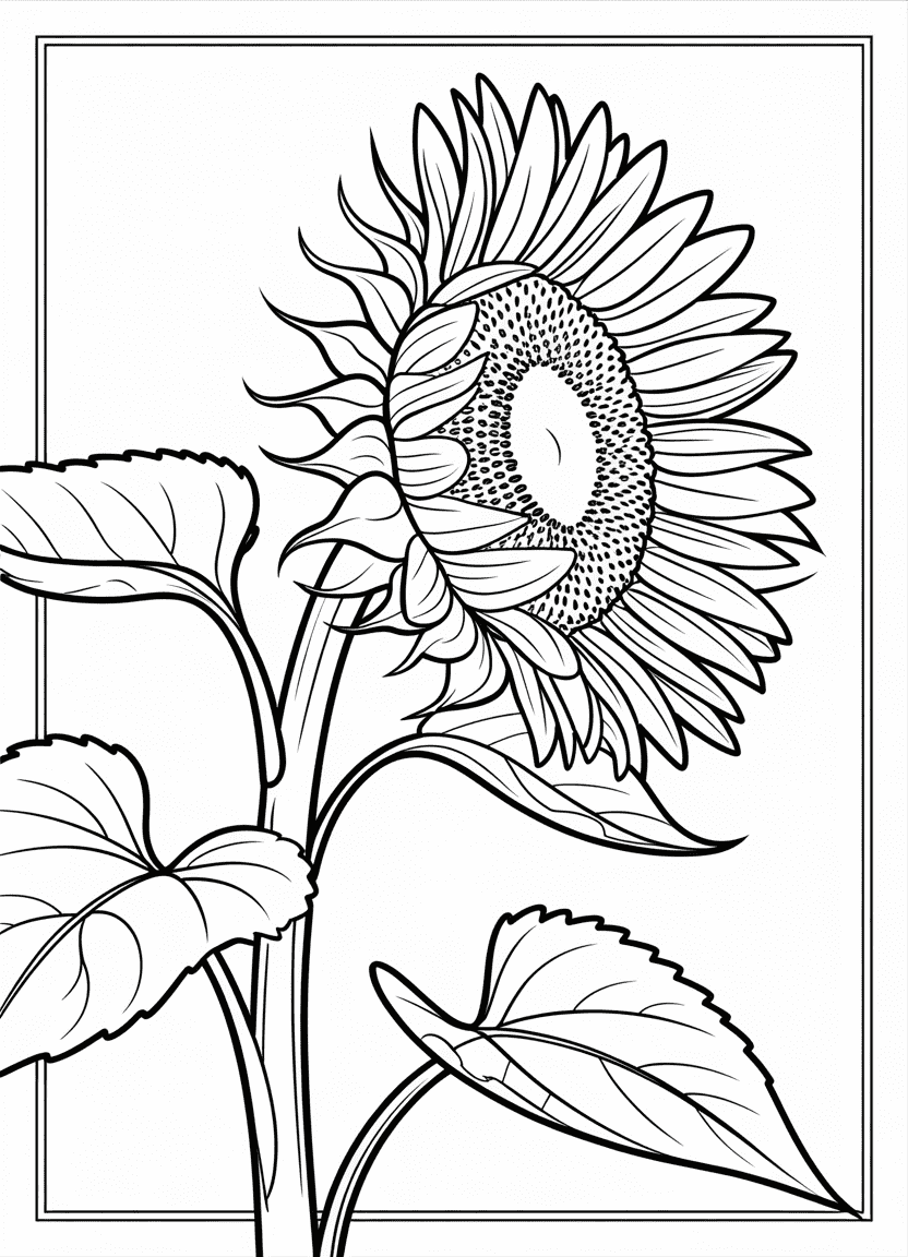 Black-and-white line art of a sunflower in side profile with detailed petals, central disk, and large veined leaves