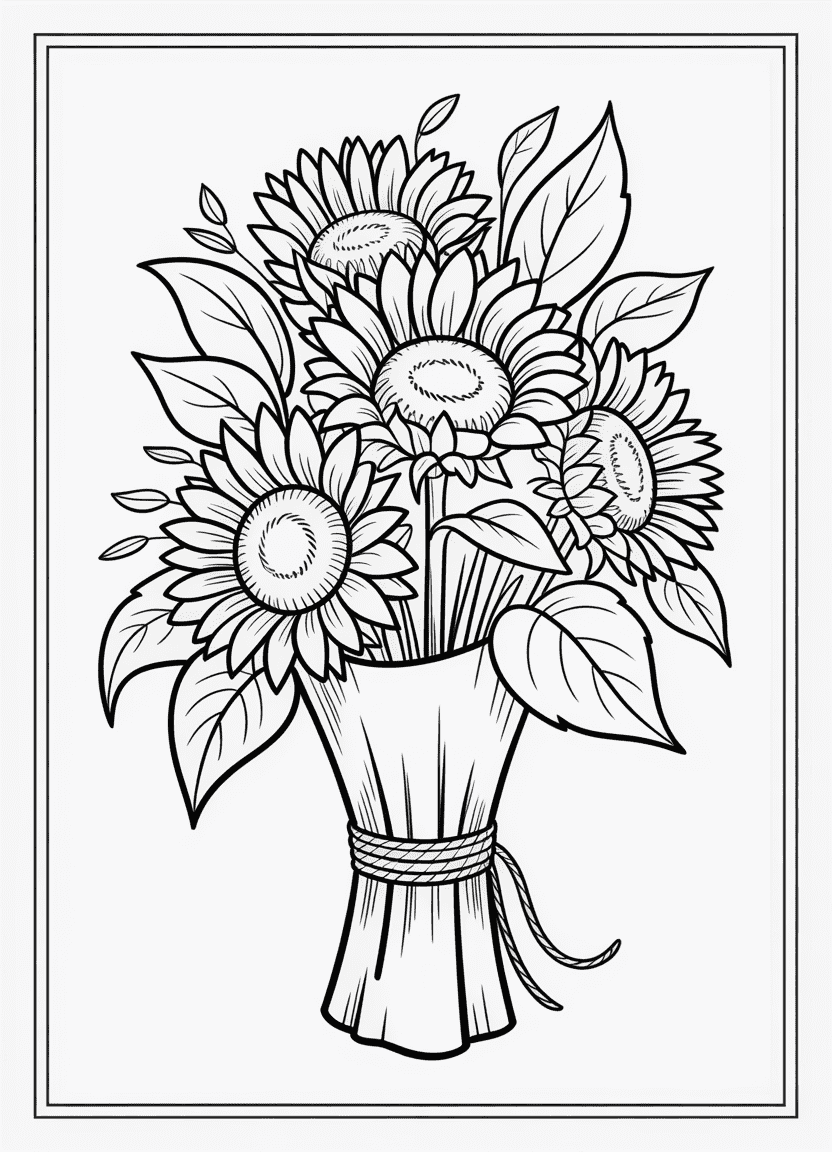 Black-and-white line drawing of a sunflower bouquet wrapped in paper and tied with twine, with visible leaves and petals