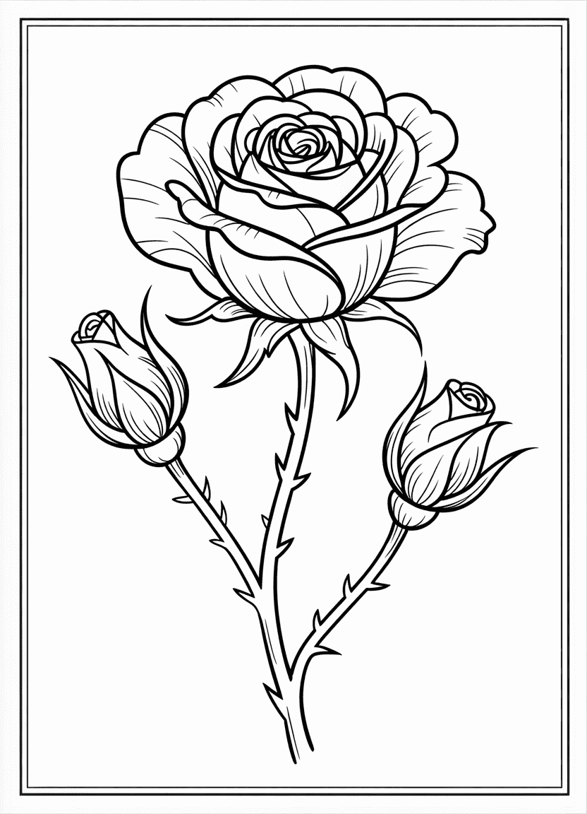 Black-and-white printable rose coloring page with a classic blooming rose and buds