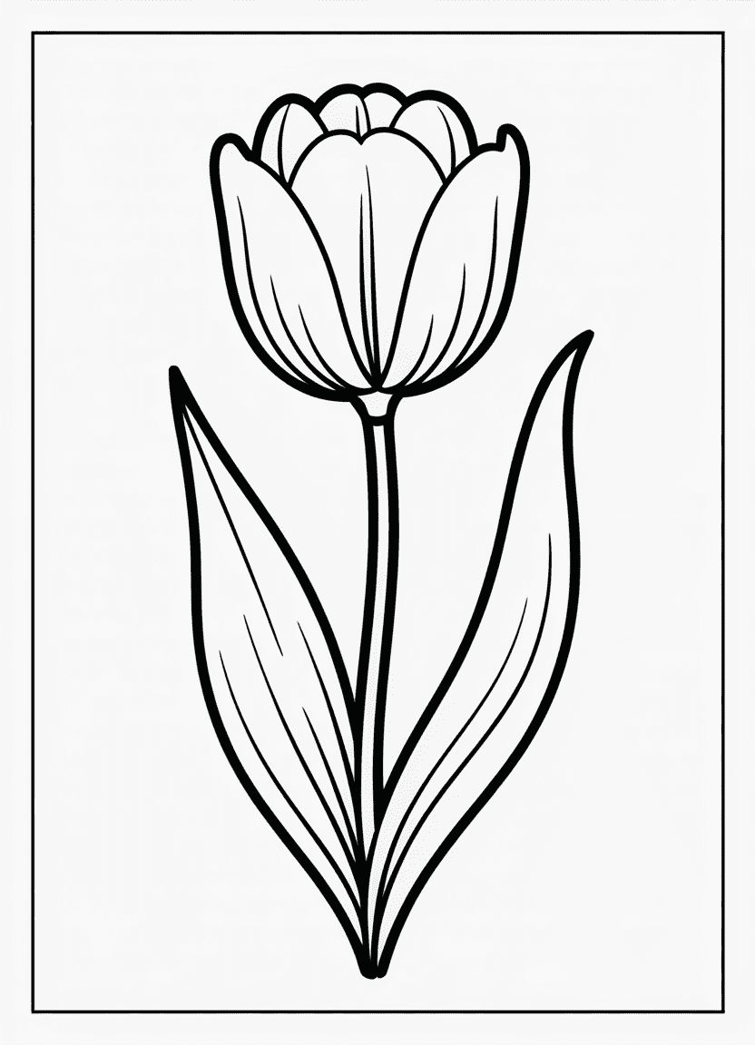 Single blooming tulip coloring page with stem and leaves