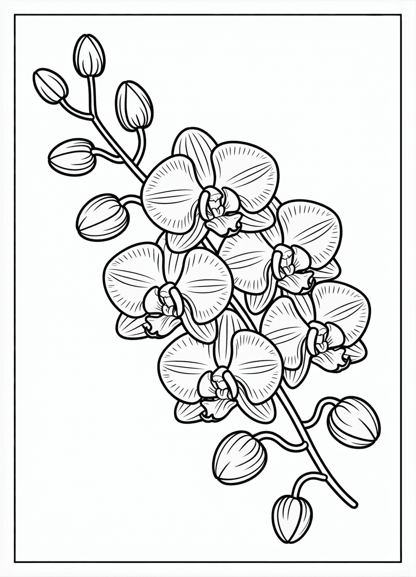 Botanical orchid coloring sheet with detailed flower anatomy