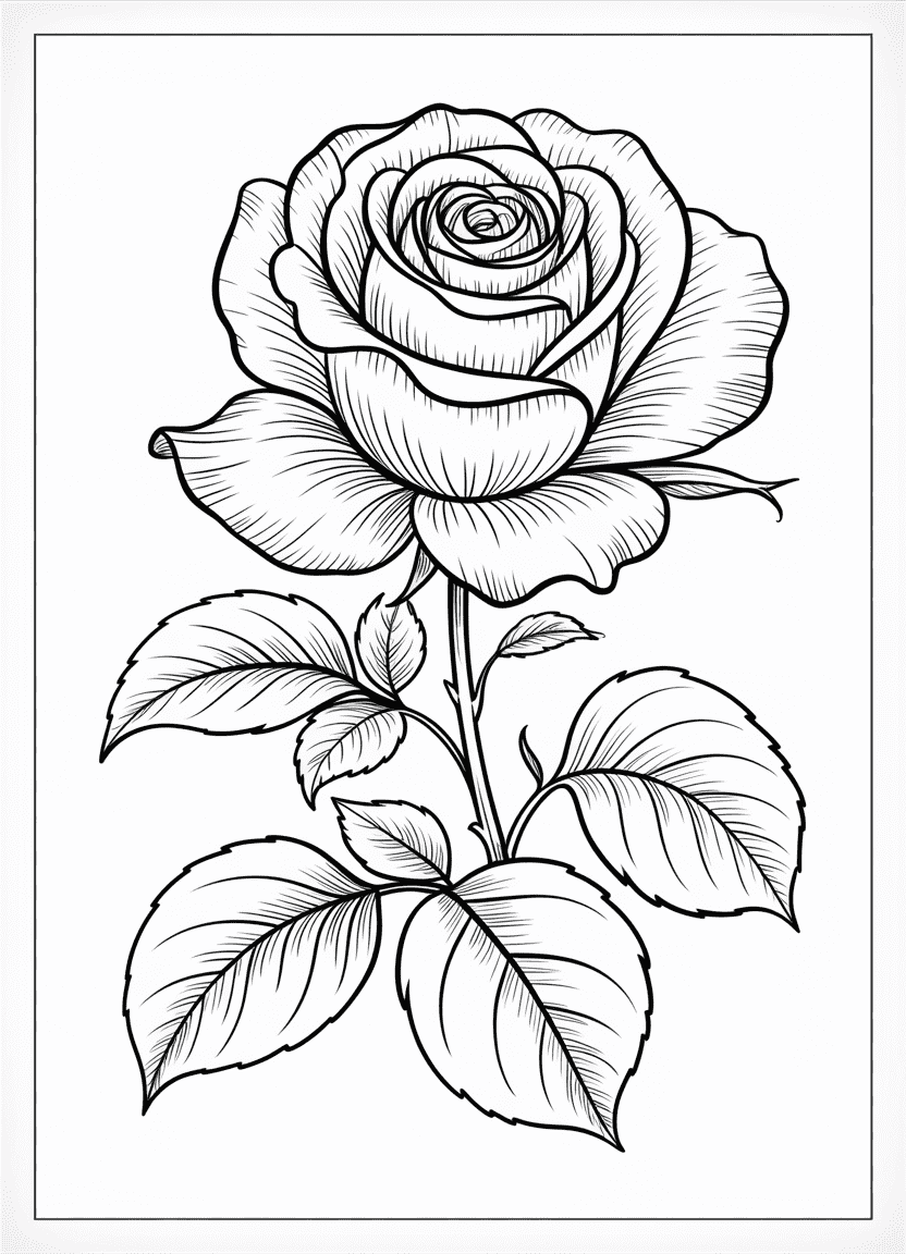 Botanical rose coloring page with realistic shading and leaf details