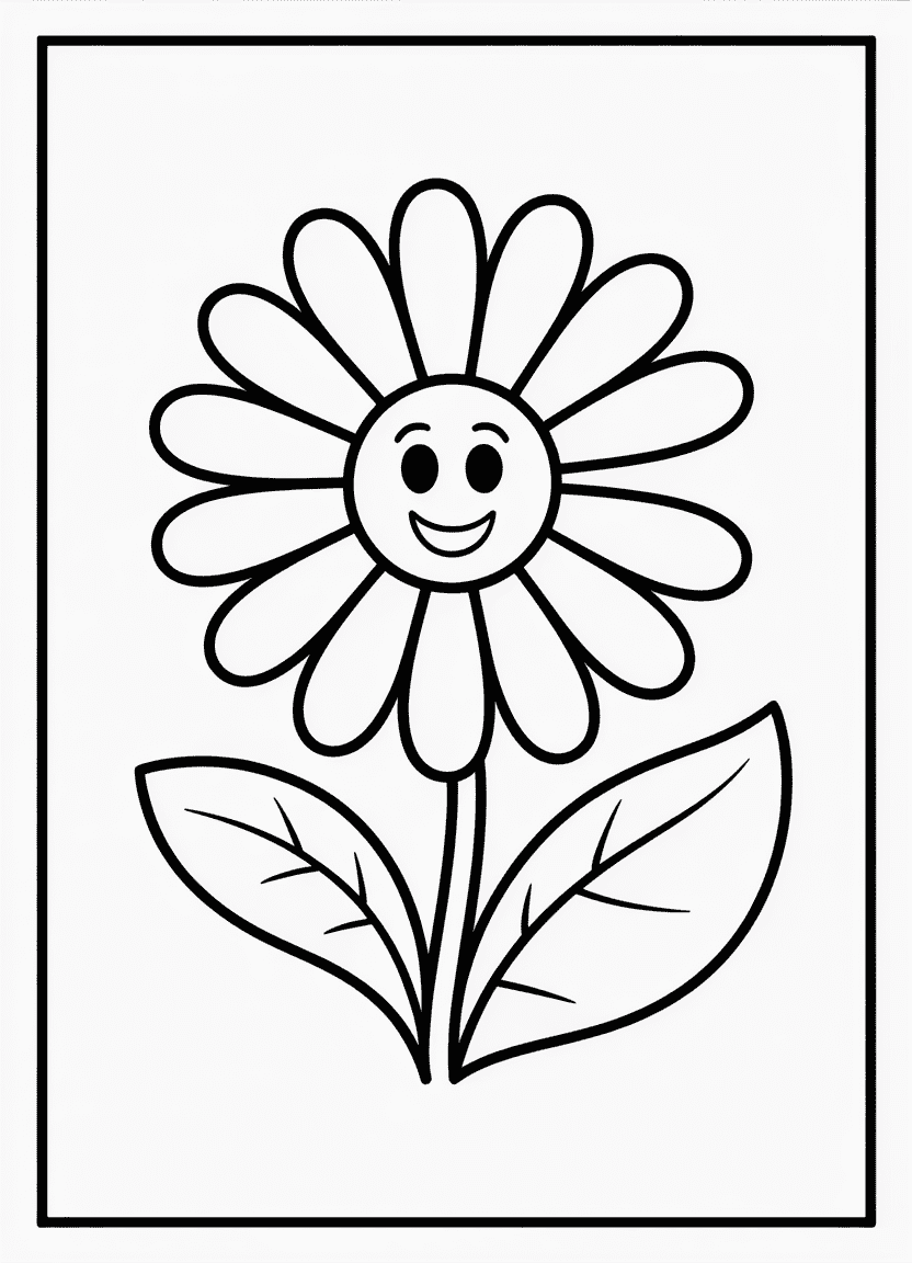 Cartoon daisy coloring page with a smiling face for kids