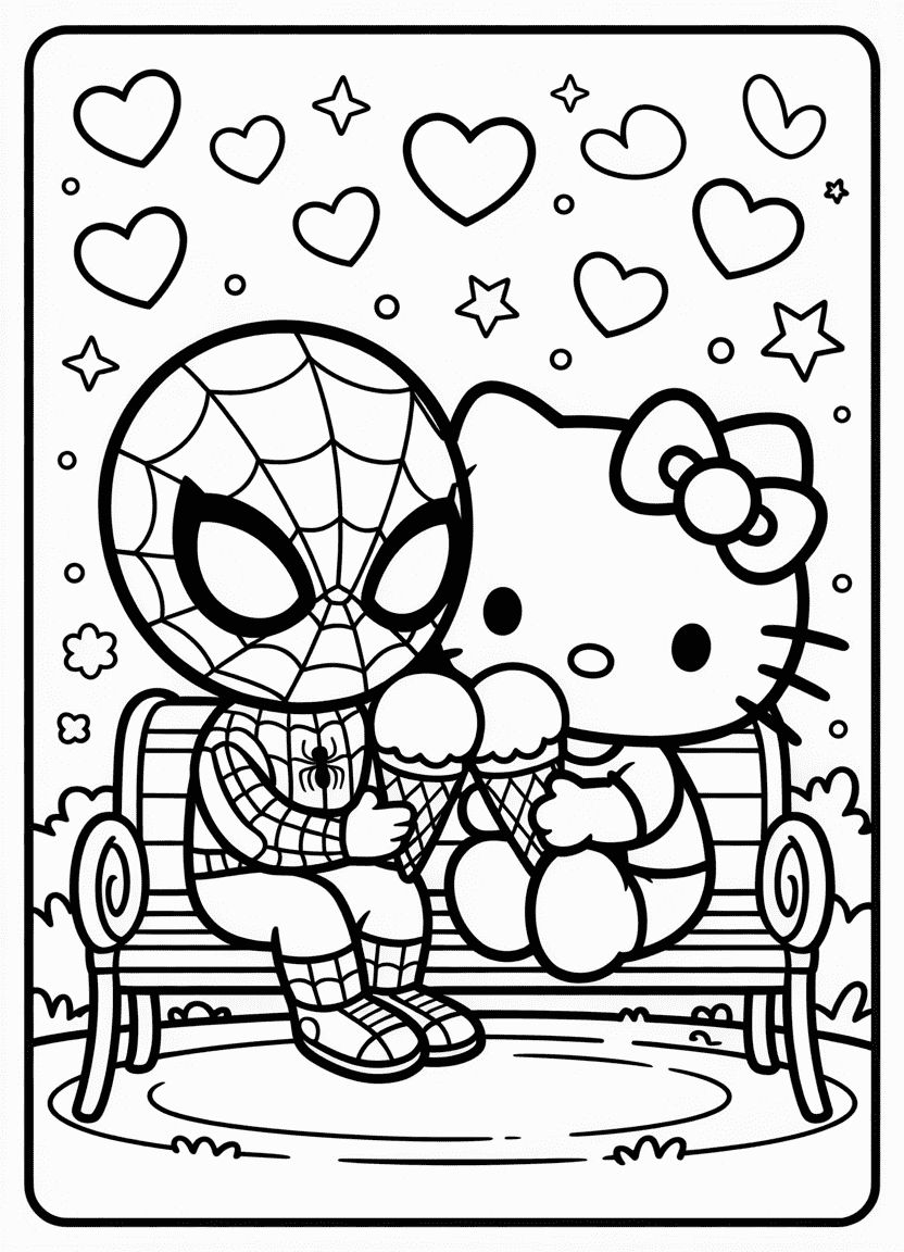 Chibi Spider-Man and Hello Kitty sharing ice cream