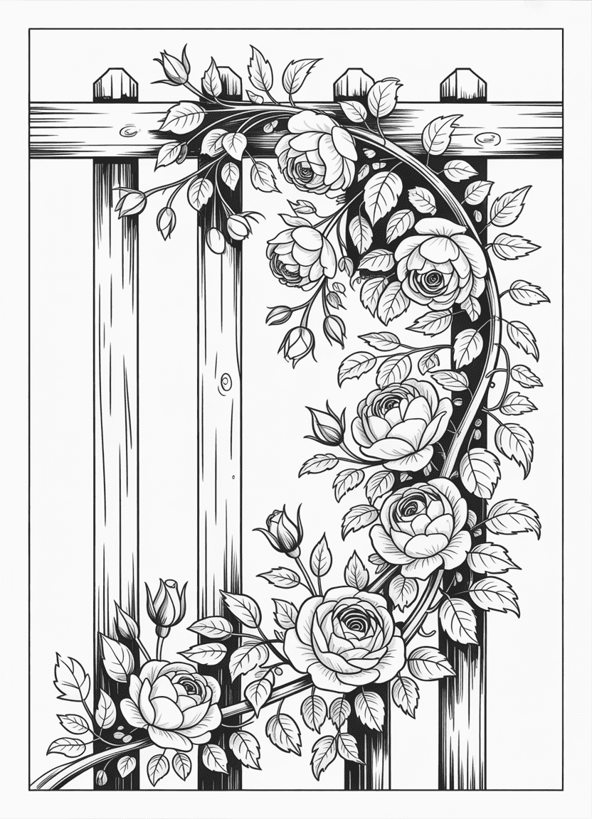 Climbing rose vine with trellis coloring sheet in botanical line art