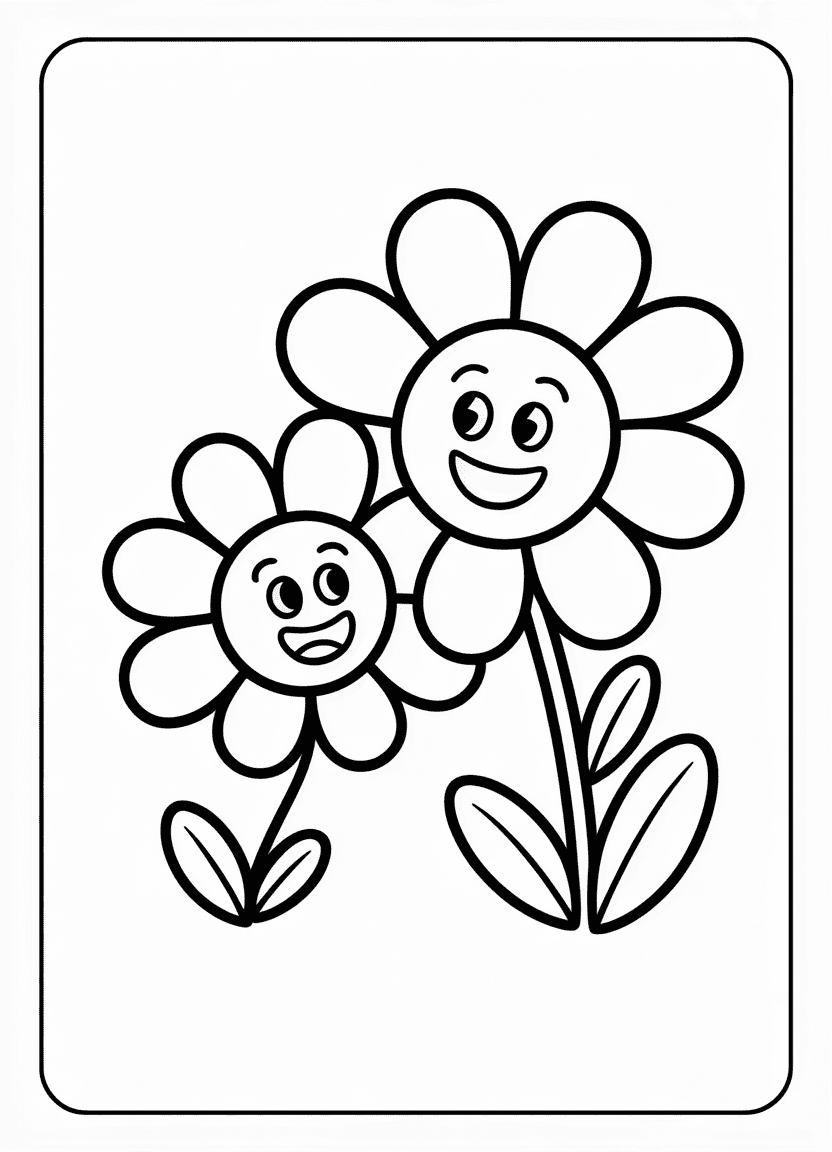 Cute cartoon flowers coloring page with happy faces