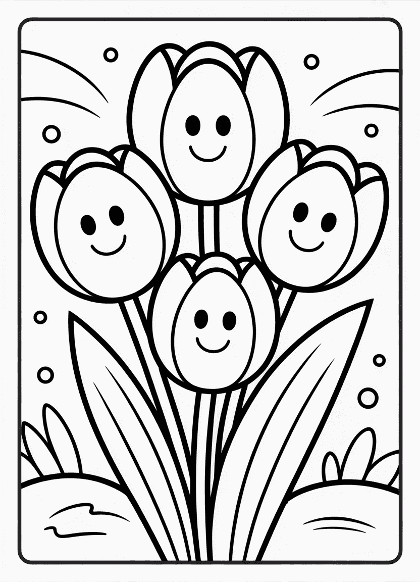 Cute cartoon tulips with faces coloring page for kids