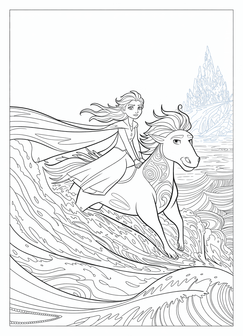 Elsa coloring page featuring Elsa riding the Nokk through ocean waves.