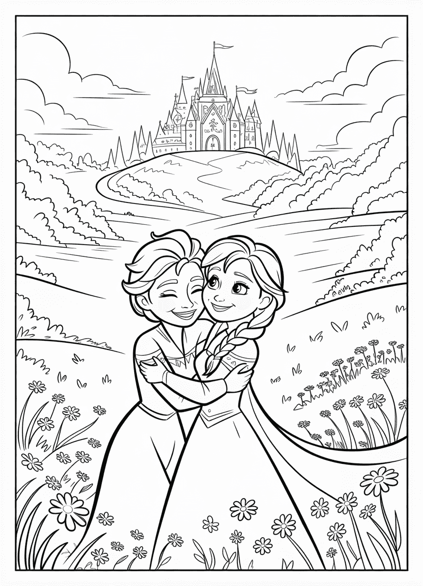 Elsa coloring page of Elsa and Anna hugging as winter ends