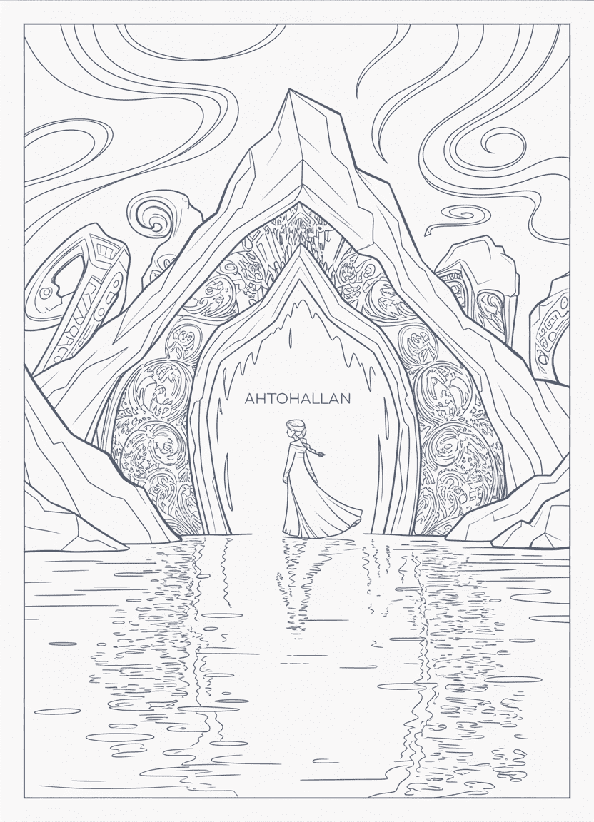 Elsa coloring page of Elsa at Ahtohallan surrounded by icy mist.