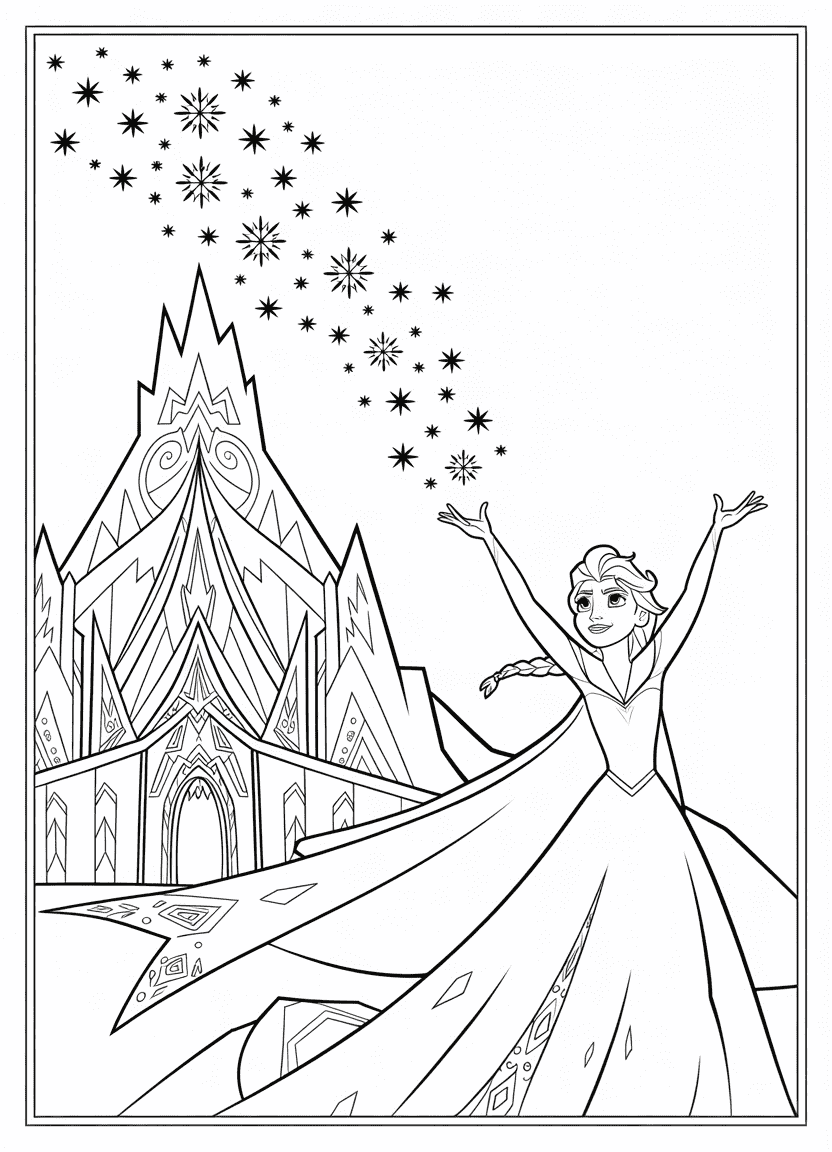 Elsa coloring page of Elsa building her magical ice palace with snow swirling