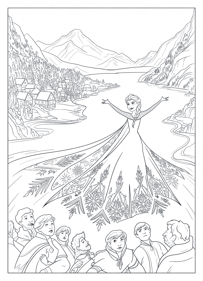 Elsa coloring page of Elsa freezing the fjord with ice beneath her