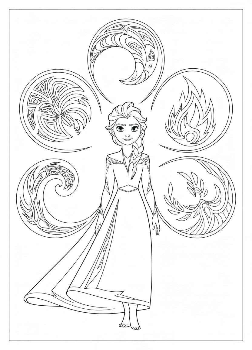 Elsa coloring page of Elsa in her spirit dress with elemental symbols.