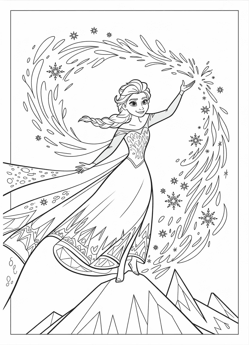 Elsa coloring page of Elsa singing “Let It Go” with snowflakes around her