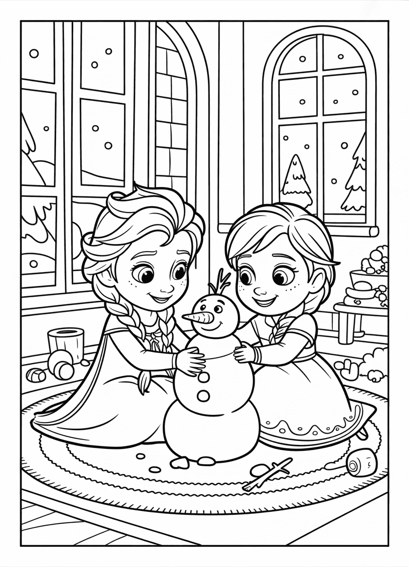 Elsa coloring page of young Elsa and Anna building a snowman indoors.