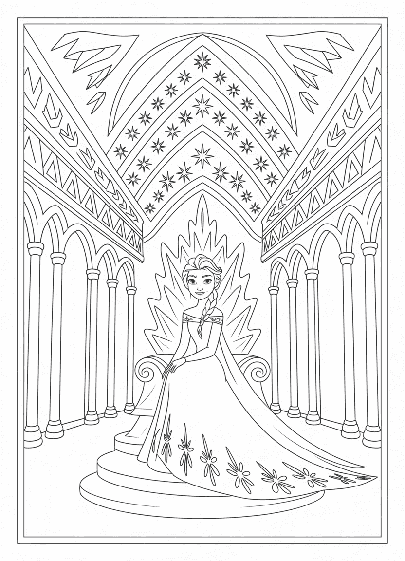  Elsa coloring pages featuring Elsa on her royal throne in an icy palace
