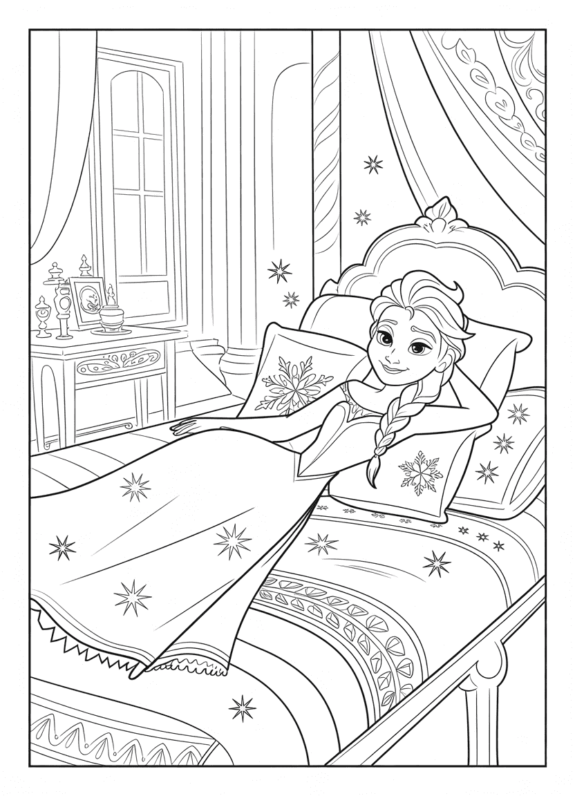 Elsa coloring pages of Elsa resting in her enchanted royal bedroom