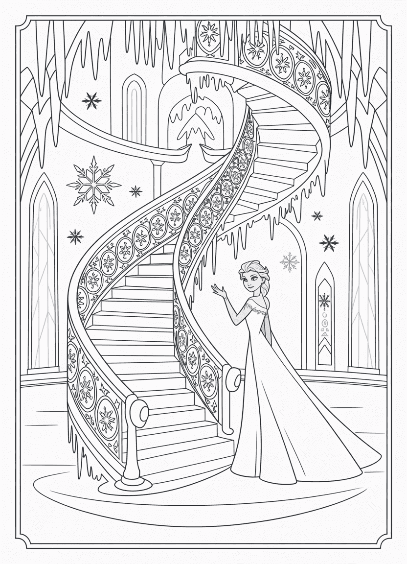 Elsa coloring pages showing Elsa building a spiral ice staircase