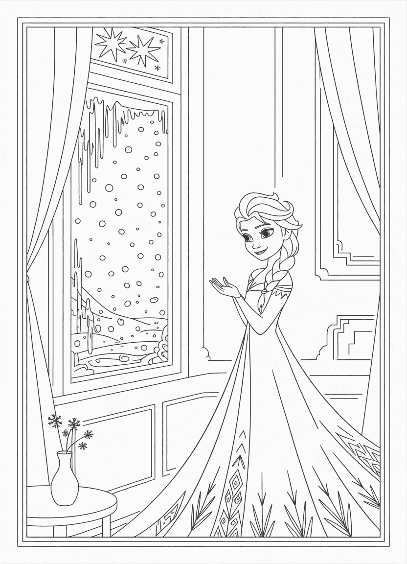 Elsa coloring pages with Elsa looking out a snowy castle window