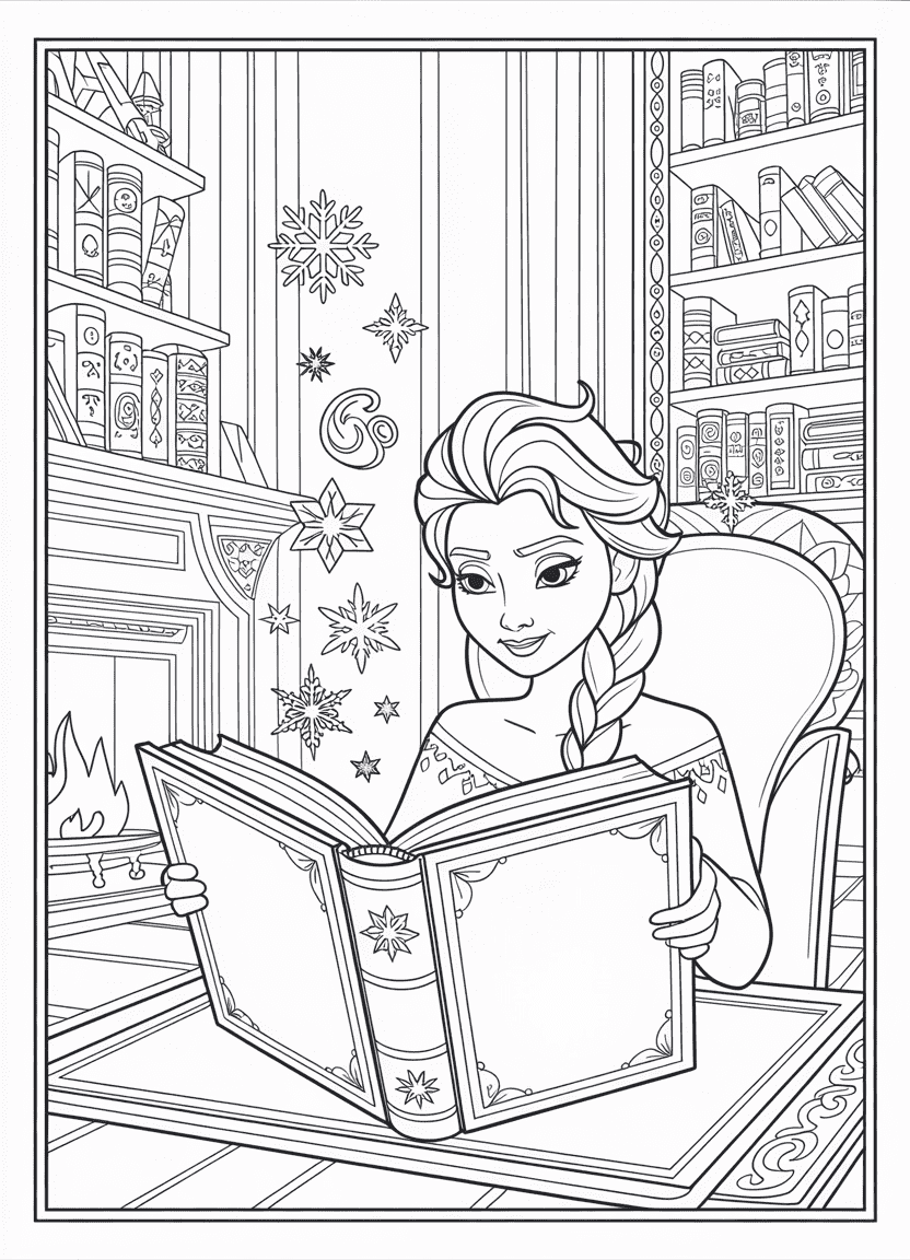 Elsa coloring pages with Elsa reading a magical book by the fireplace
