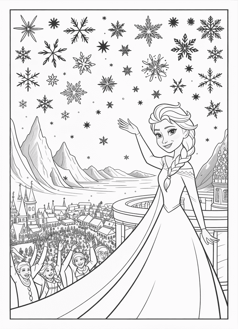Elsa coloring pages with Elsa waving to her people from the castle balcony