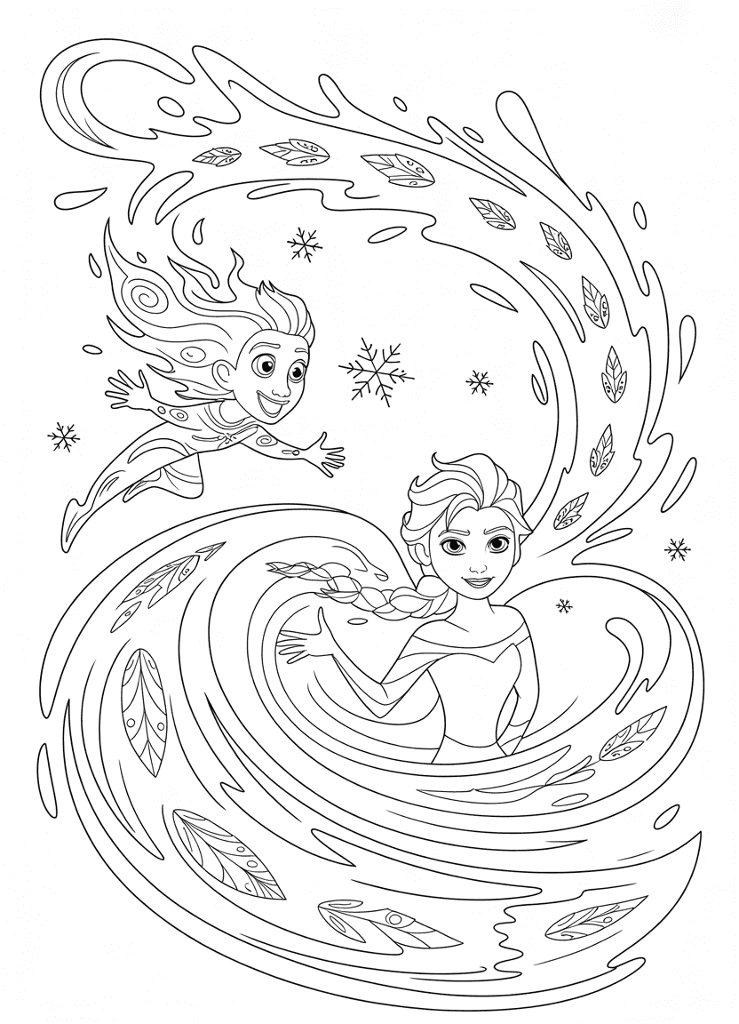 Elsa coloring pages – Elsa blending water and ice as Bruni and wind dance nearby