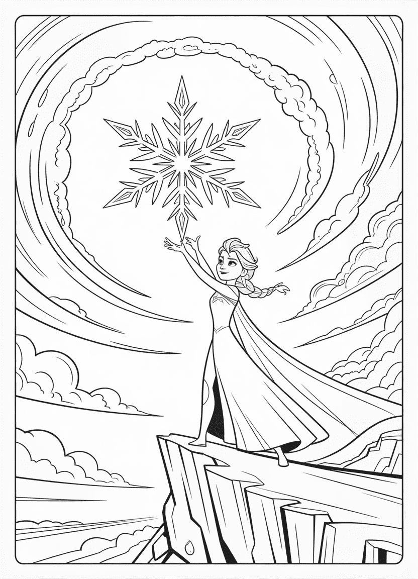 Elsa coloring pages – Elsa casting ice magic into the sky on a mountain cliff
