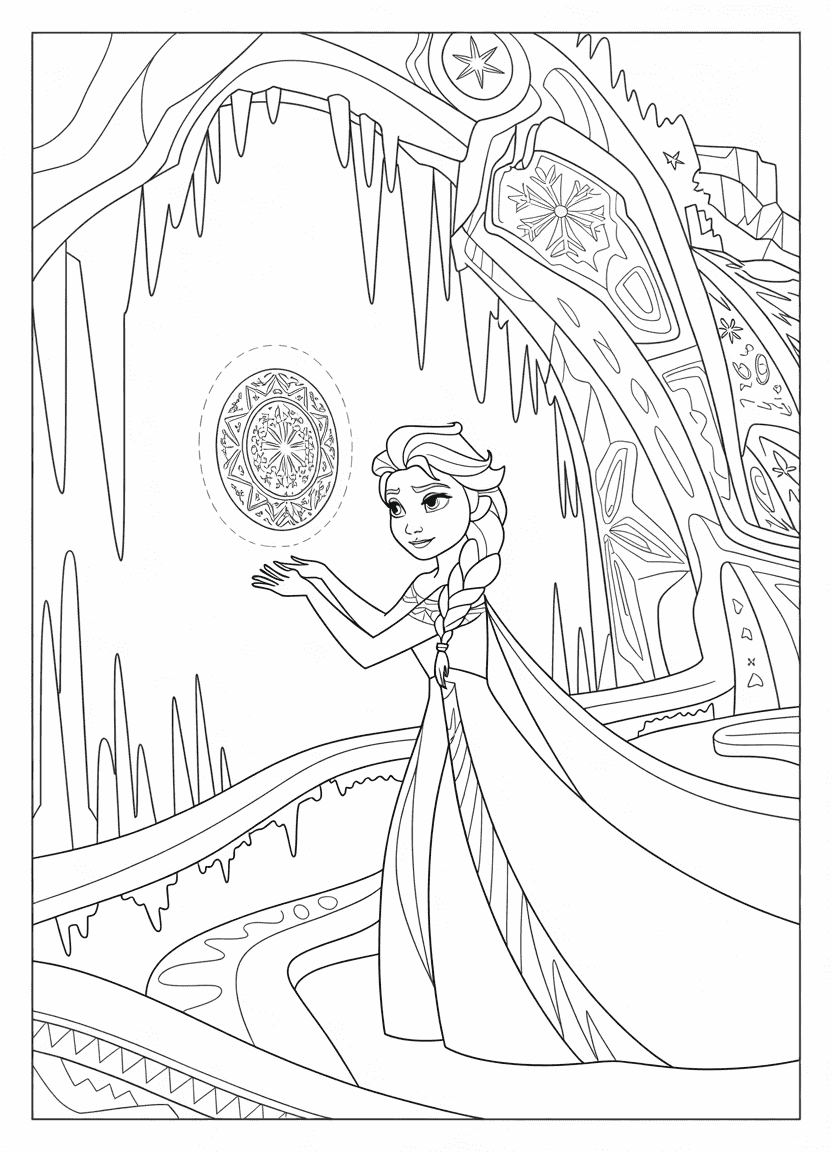 Elsa coloring pages – Elsa exploring an ancient ice temple with glowing runes