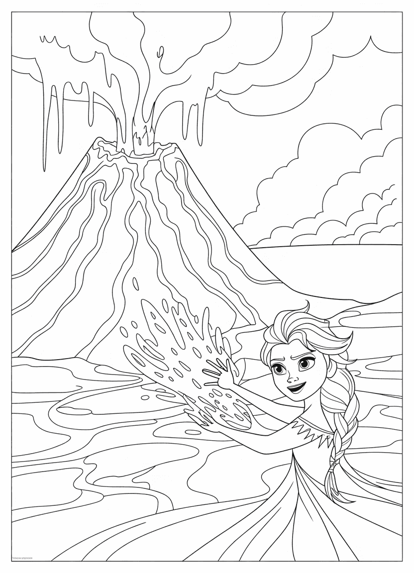 Elsa coloring pages – Elsa freezing lava mid-air to calm a volcanic eruption
