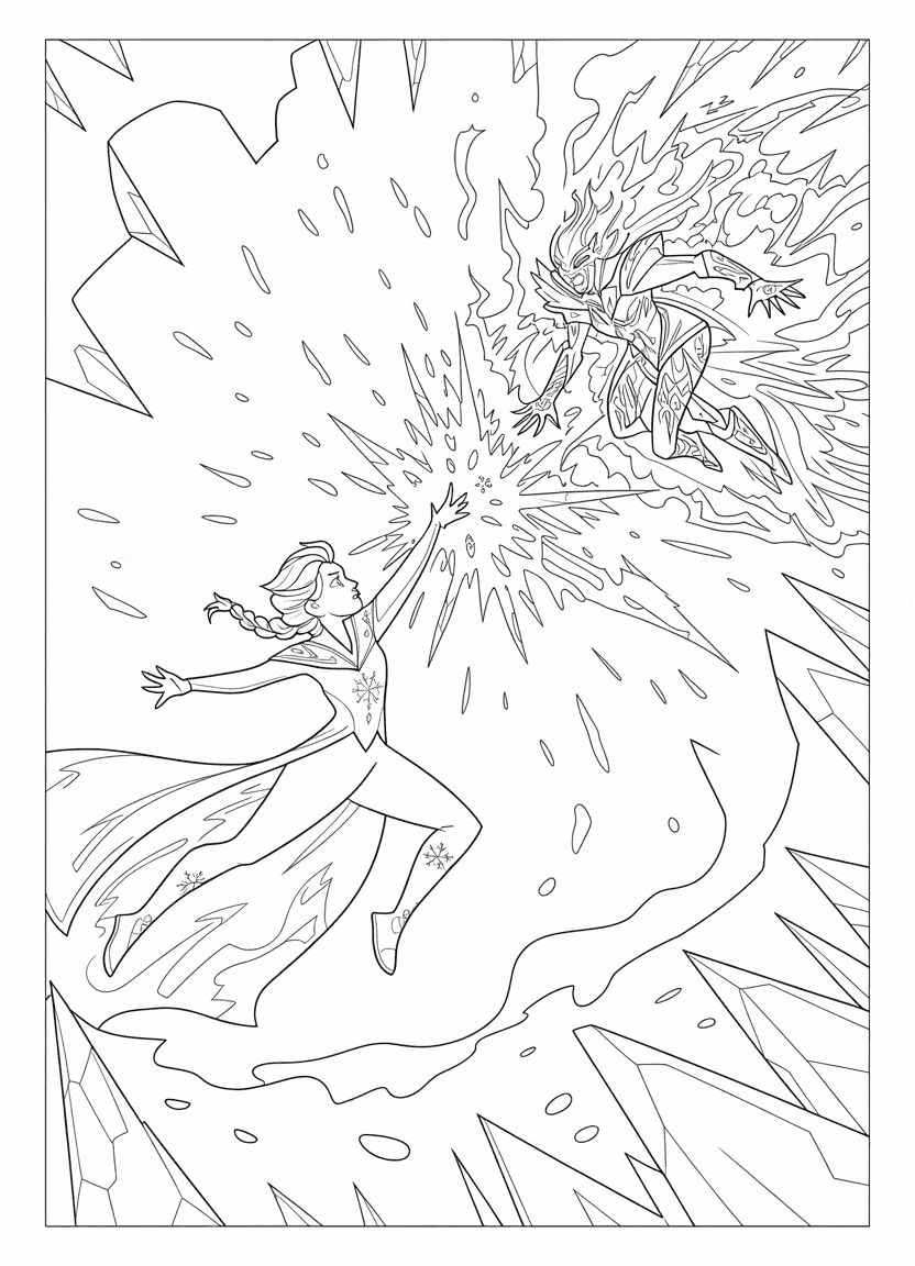Elsa coloring pages – Elsa in a magical ice duel with a dark sorceress