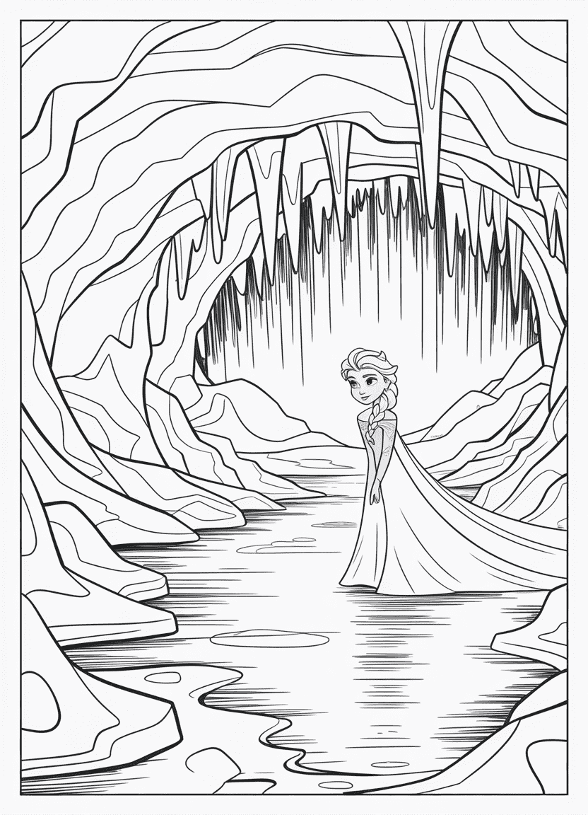 Elsa coloring pages – Elsa inside a glowing cave with northern lights and crystals