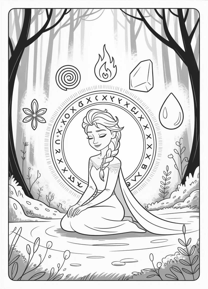 Elsa coloring pages – Elsa meditating in a rune circle with elemental symbols