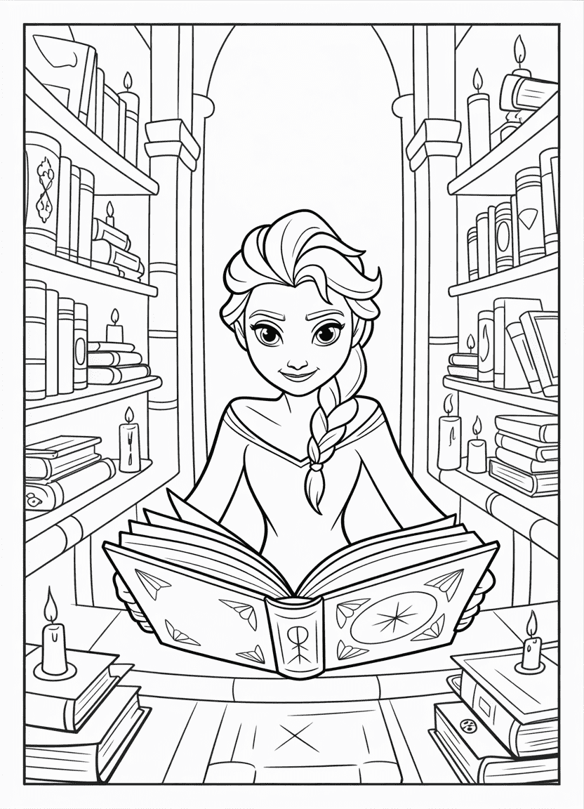 Elsa coloring pages – Elsa opening a glowing enchanted book in a magical library