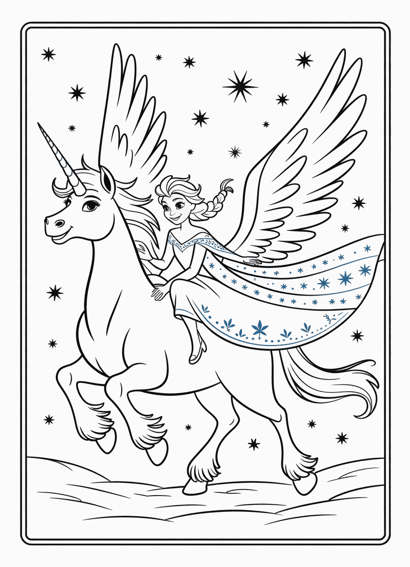Elsa coloring pages – Elsa riding a snow unicorn through the starry sky