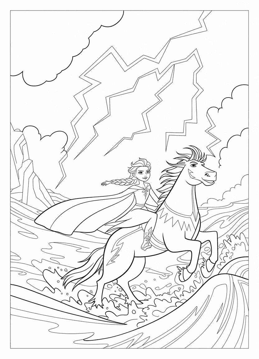 Elsa coloring pages – Elsa riding the water spirit Nokk across a stormy sea