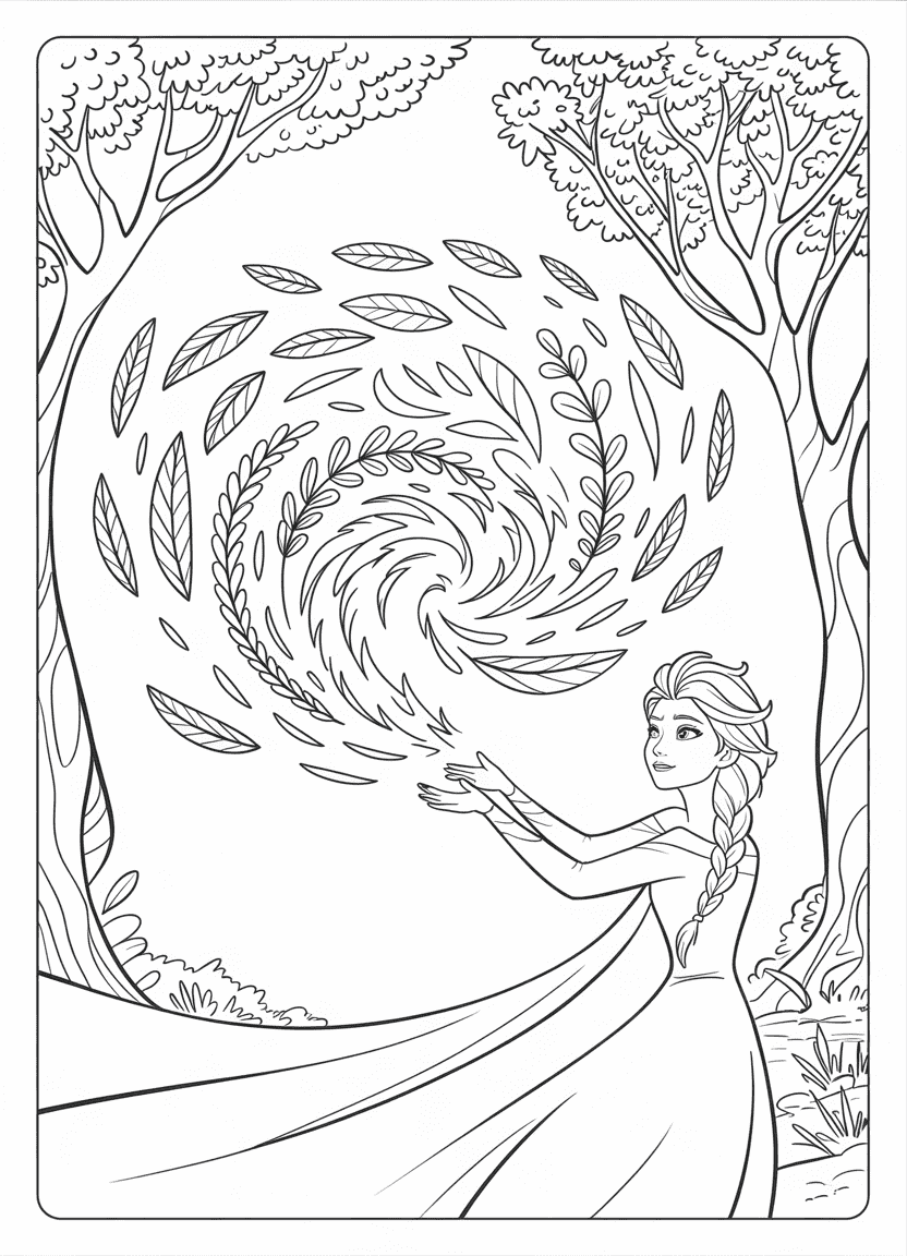 Elsa coloring pages – Elsa summoning the wind spirit in a swirling gust of leaves