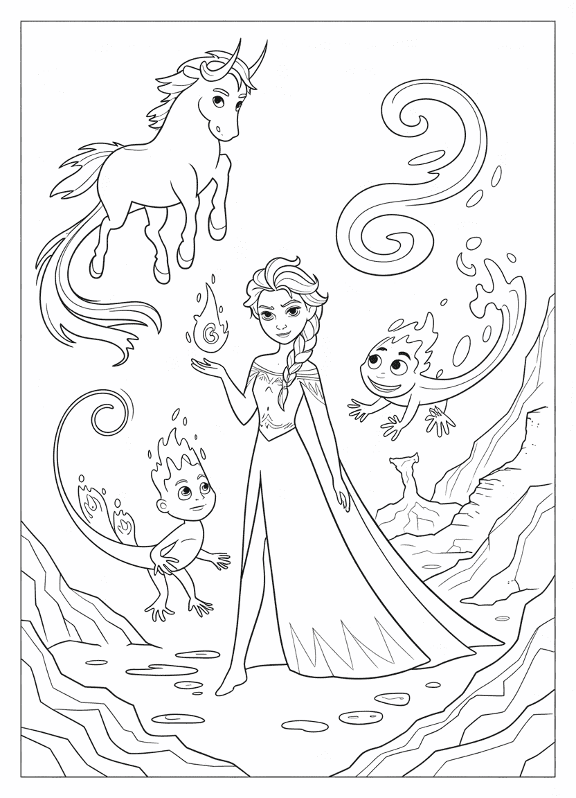 Elsa coloring pages – Elsa surrounded by all four elemental spirits in balance