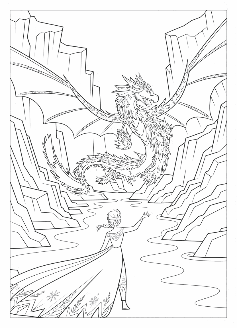 Elsa coloring pages – Elsa taming a giant magical ice dragon in a frozen canyon