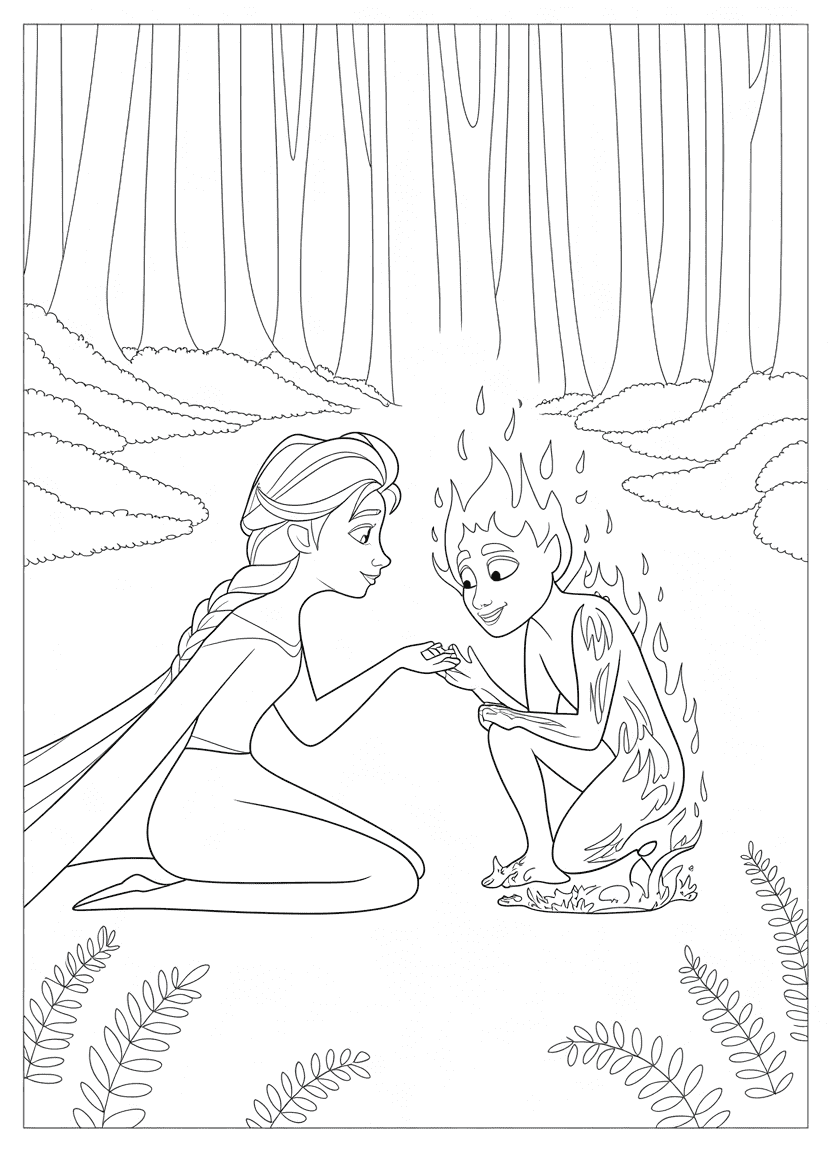 Elsa coloring pages – Elsa taming the fire spirit Bruni in a forest clearing