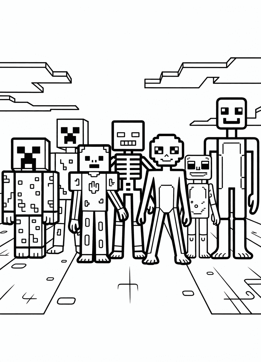 Group of Minecraft mobs coloring page