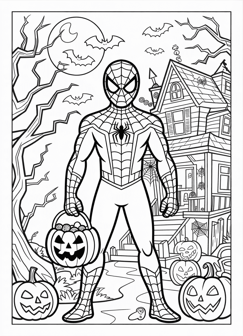 Halloween-themed Spider-Man with pumpkin basket