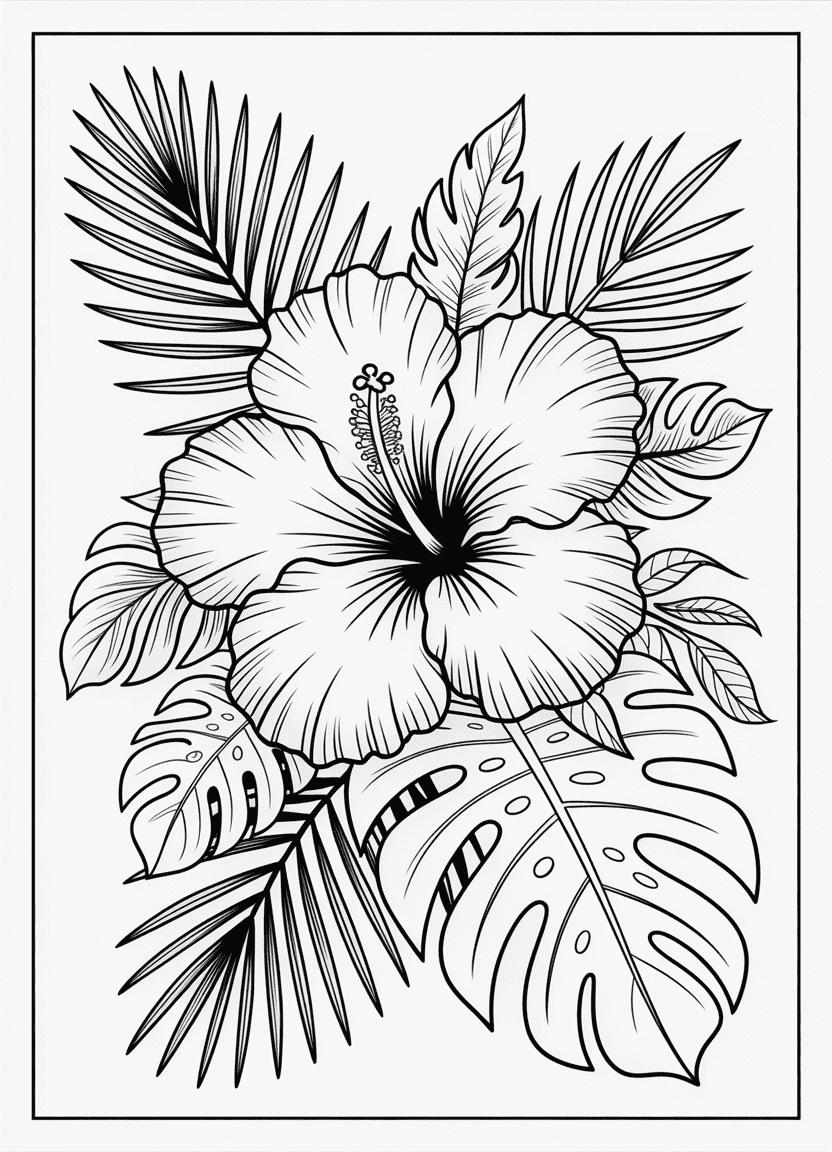 Hibiscus coloring page with palm and monstera leaves