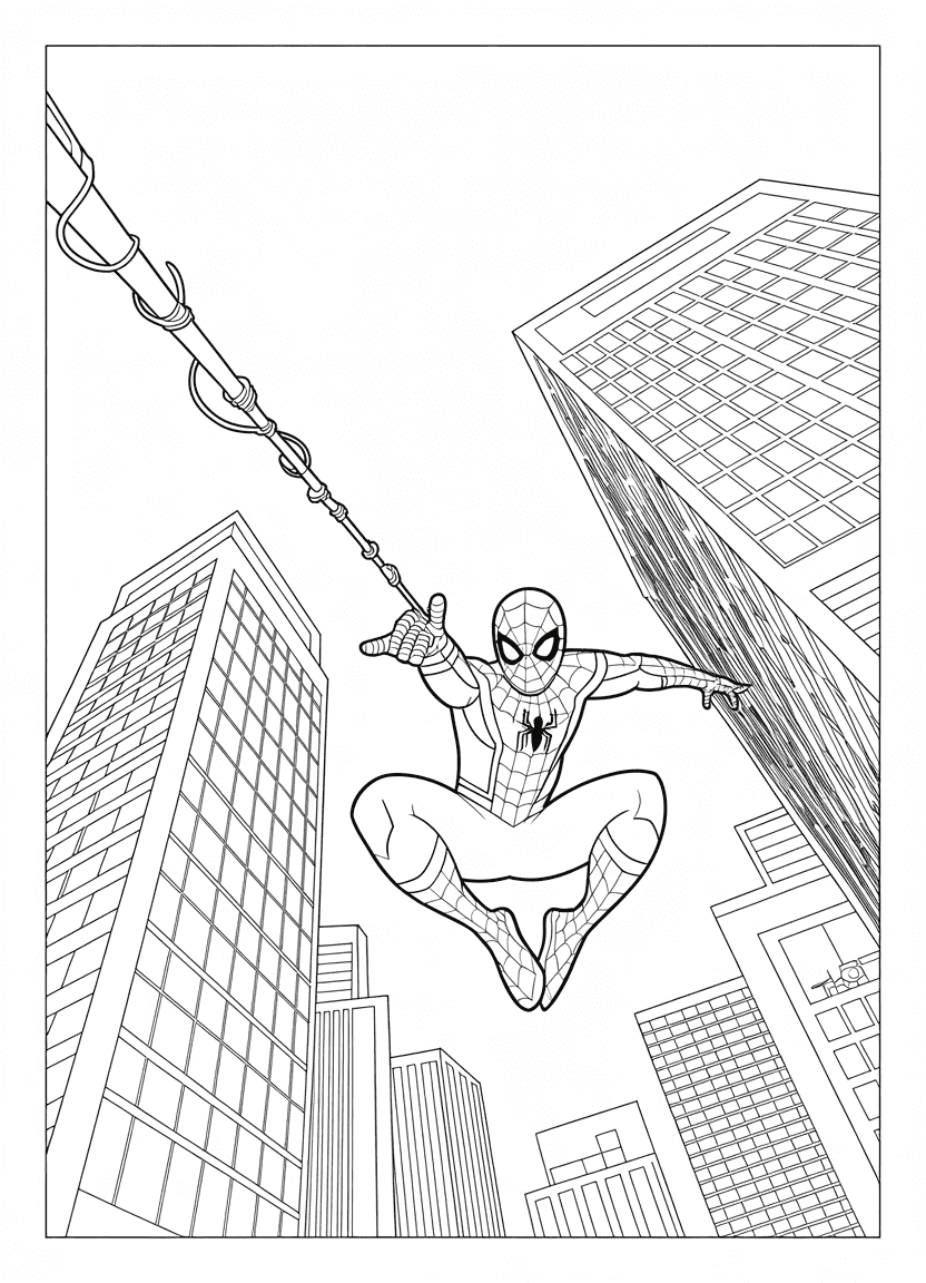Holland-style Spider-Man swinging past buildings