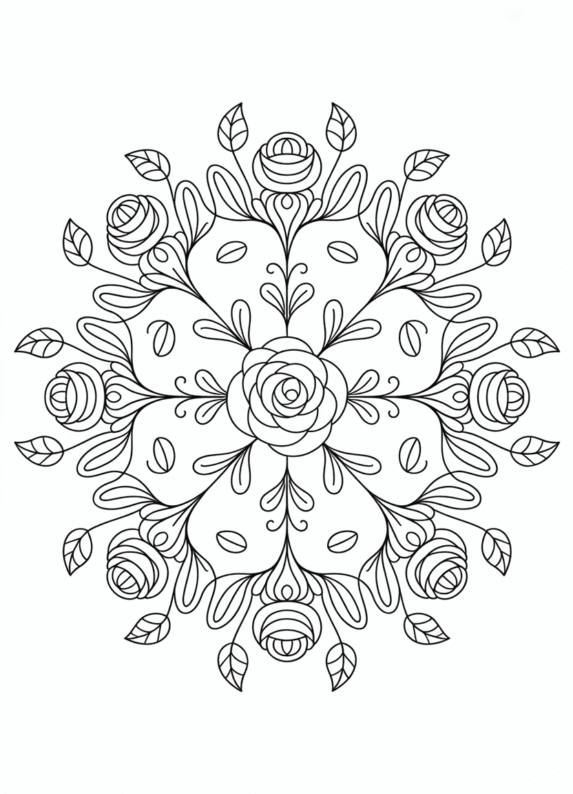 Intricate rose mandala coloring page for relaxation and focus