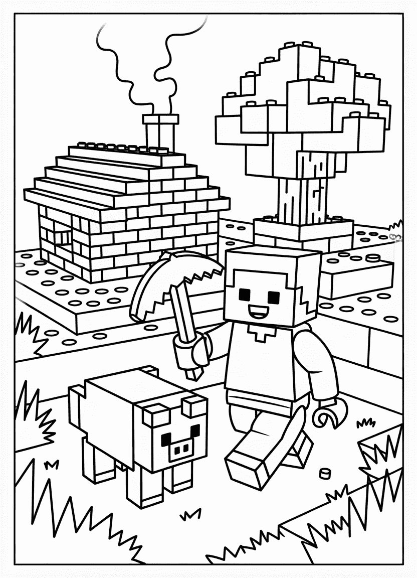 LEGO Minecraft style scene coloring page