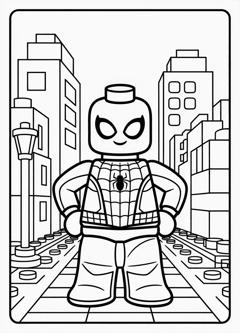 LEGO Spider-Man standing proudly in a city