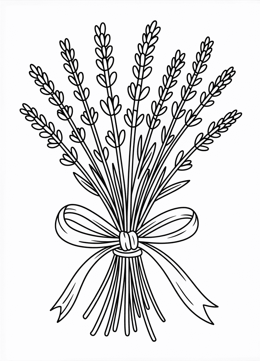 Lavender bunch coloring page with ribbon tie